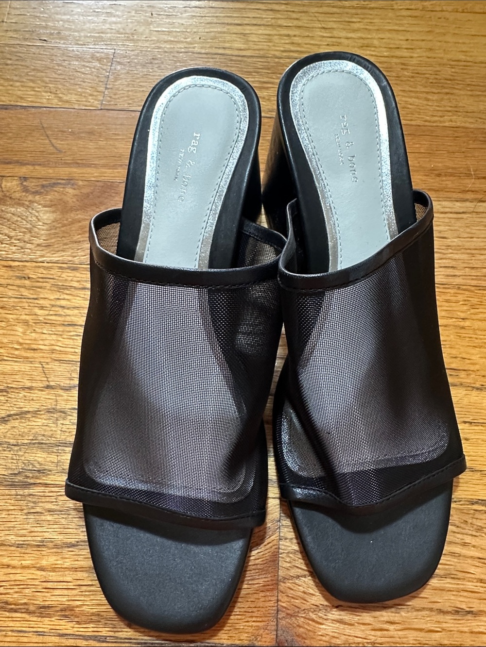rag & bone Black Mesh Slide Mules with Sculpted Block Heel - Picture 2 of 8